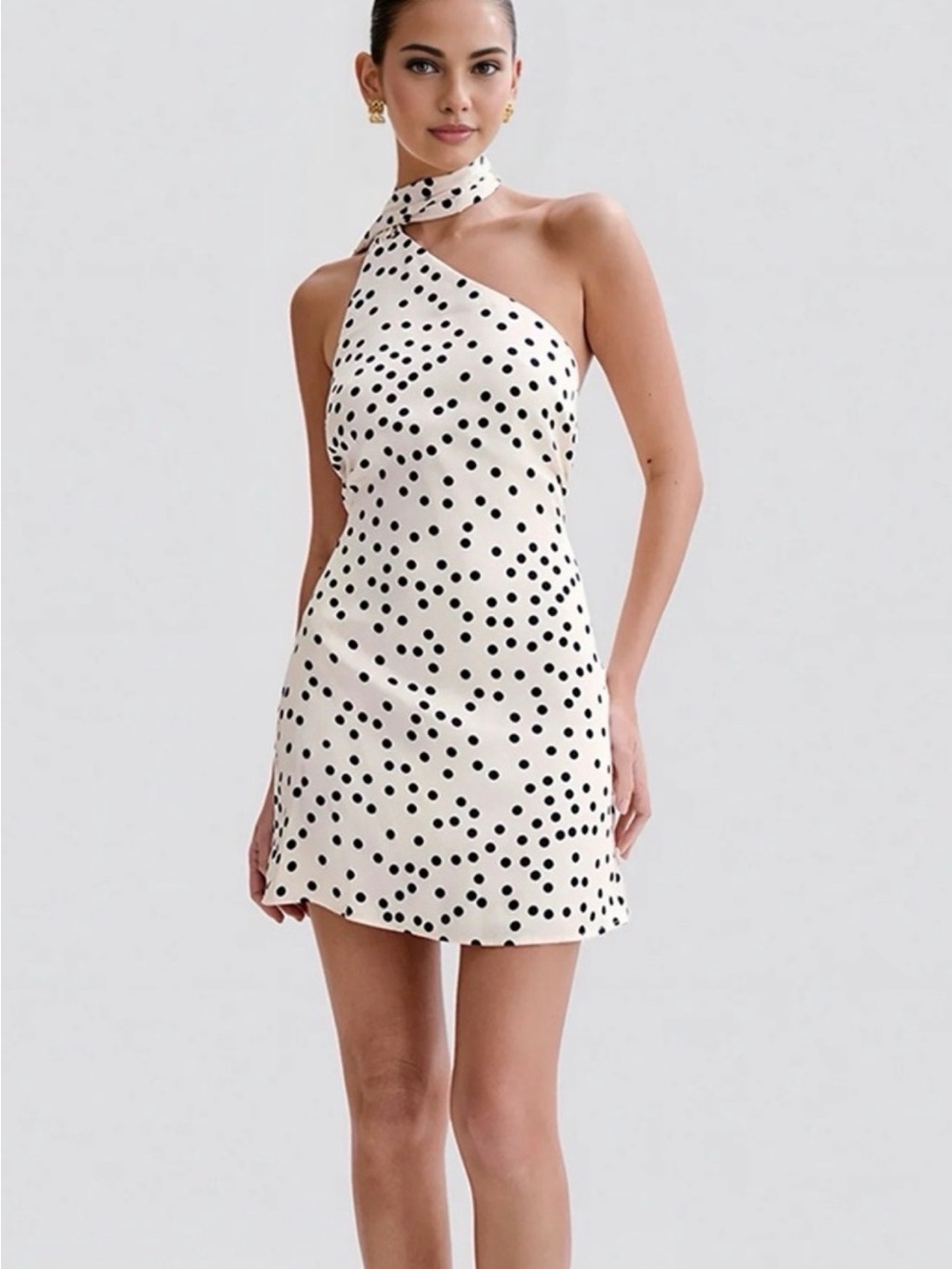 Polka Dot One-Shoulder Satin Mini Dress - White/Black - Picture 3 of 4